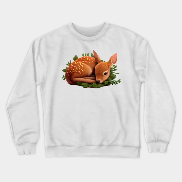 A baby deer sleeps in the brush Crewneck Sweatshirt by lightsonfire